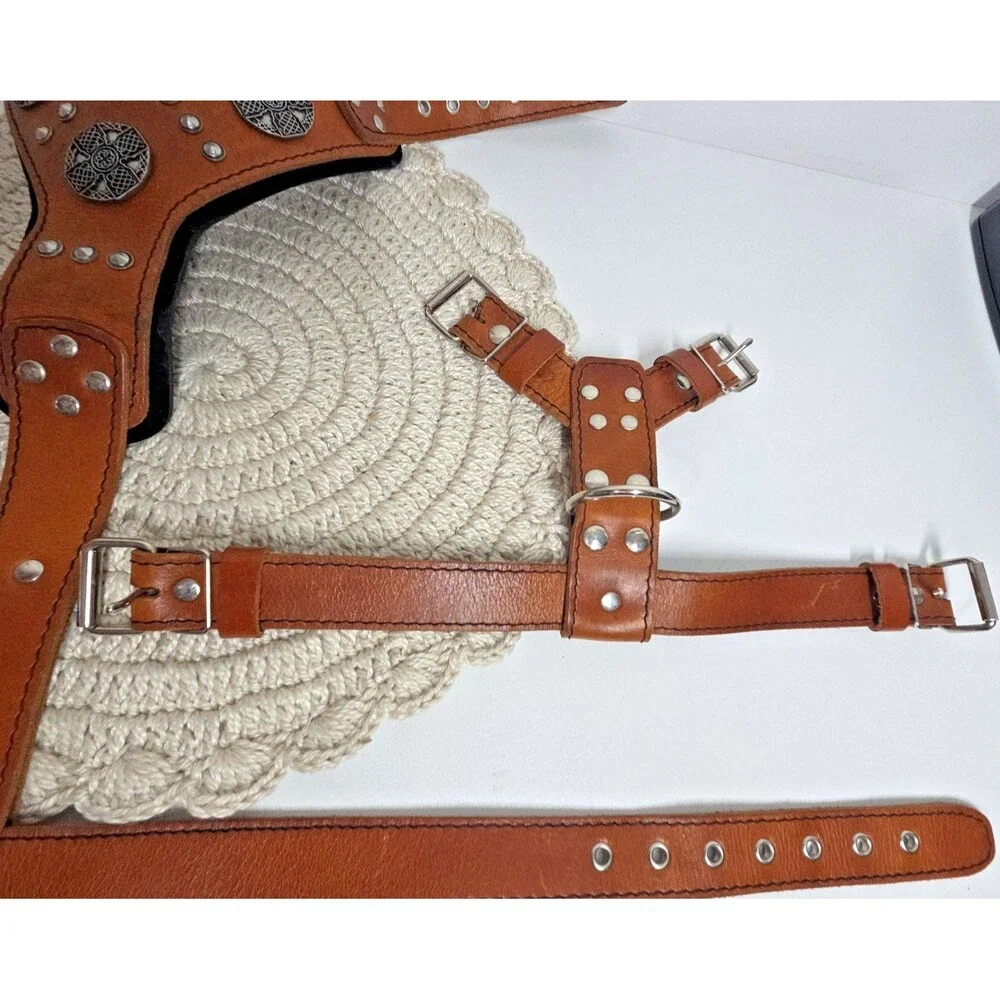 BESTIA The ''Maximus'' Dog Collar Harness Genuine Leather Brown Silver S-M EUC *